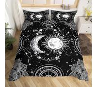 Sun and Moon Bedding Set Constellation Comforter Cover for Kids Boys Girls Teens Psychedelic Boho Mandala Duvet Cover Celestial Galaxy Bedspread Black White Quilt Cover Junior/Cot Bed