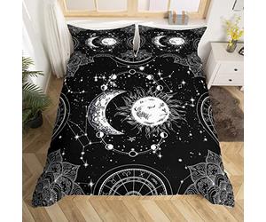 Sun and Moon Bedding Set Constellation Comforter Cover for Kids Boys Girls Teens Psychedelic Boho Mandala Duvet Cover Celestial Galaxy Bedspread Cover Black White Quilt Cover Single
