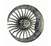 Sun and Moon Celestial Pair, Silver Bronze, Haitian Wall Hanging Art, Decorative Metal Sculptures, Indoor Outdoor 23 Inches Round