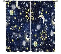 Sun and Moon Curtains Stars Colorful Blue Abstract Celestial Mystic Mandala Boho Chic Retro Vintage Art Fantasy Starry Sky Antique Fabric Decor Window Treatments Curtains Set 2 Panels,42x45 Inches