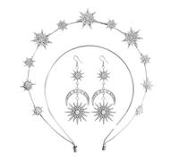 Sun And Moon Double Layered Six Pointed Star Headband With Crystal Encrusted Sparkling Long Earrings Set Luxurious Hair And Ear Accessories (Silver, One Size)