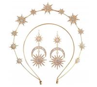 Sun And Moon Double Layered Six Pointed Star Headband With Crystal Encrusted Sparkling Long Earrings Set Luxurious Hair And Ear Accessories (Gold, One Size)