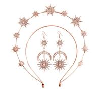Sun And Moon Double Layered Six Pointed Star Headband With Crystal Encrusted Sparkling Long Earrings Set Luxurious Hair And Ear Accessories (Rose Gold, One Size)