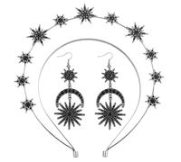 Sun And Moon Double Layered Six Pointed Star Headband With Crystal Encrusted Sparkling Long Earrings Set Luxurious Hair And Ear Accessories (Black, One Size)