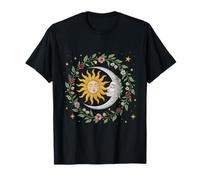 Sun and Moon Embrace with Floral Celestial Art T-Shirt