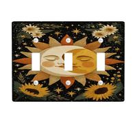 Sun and Moon Light Switch Cover Plate/Outlet Covers, Black Floral Design for Home Decor, Thermoplastic Wall Plates, Standard Size Triple Toggle