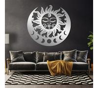 Sun and Moon Metal Wall Art, Celestial Metal Artwork Decoration with Large Boho Phase Wall Hanging for Living Room, Bedroom Hallway and Stairs Nature Home Decor Gift (Silver 20L x 19W)