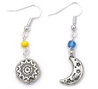 "Sun and Moon", Pewter Sun and Moon Earrings, Double Dangle with Blue and Yellow Beads