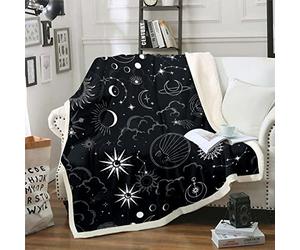 Sun and Moon Sherpa Blanket Constellation Galaxy Blanket, Trippy Celestial Throw Blanket for Chair Twin Size Hippie Mystic Stars Fleece Blanket, Black and White Plush Blanket Moon Phase Decor