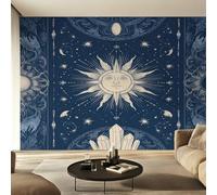 Sun and Moon Wallpaper Blue, Mystical Astrology Celestial Wall Paper for Bedrooms, Home Decor Photo Wallpaper for Living Room 280x200 Non-Woven Wall Mural W40