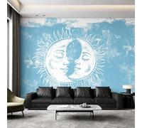 Sun and Moon Wallpaper for Living Room, Blue White Celestial Wall Mural, Non-Woven Photo Wallpaper for Bedroom, Home Decor Wall Paper 300 x 210 cm (W x H) Y&W97