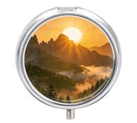 Sun and Mountain Round Pill Box with Mirror 3 Compartment Portable Pill Case for Travel Outdoor Use Cute Small Pill Organizer for Pocket Or Purse