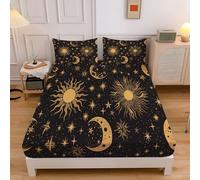 Sun and Starry Sky Fitted Sheets Super King - 30cm Deep, Mystical Tarot Bed Sheets, Soft Brushed Microfiber Easy Care Fade Resistant Breathable Black Gold Bed Sheet (180x200cm)