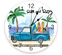 Sun And Surf Blue Car With Surfboards And Tree On The Beach Round Clocks Decorative Arabic Numerals Frameless Wall Clock Non-Ticking Wall Clock For Living Room Bedroom School 25cm