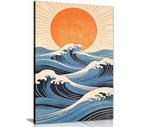 Sun and Waves Wall Art Print - Modern Ocean Poster, Abstract Japanese Style Artwork, Bold Contemporary Framed Canvas Print, Pictures for Home Walls, Bedroom, Living Room Decor 91x61cm (36x24in)