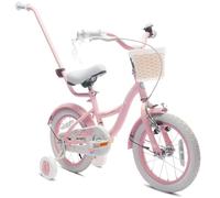 Sun Baby FLOWER BIKE Girl's Bicycle 14 Inch Pink, Children's Bicycle 3-5 Years with V-brake, basket, bell, side wheels, push bar, adjustable seat and handlebars