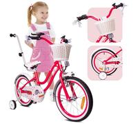 Sun Baby HEART BIKE Girl's Bicycle 14 Inch Raspberry, Children's Bicycle 3-5 Years with V-brake, basket, bell, side wheels, push bar, adjustable seat and handlebars