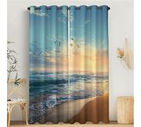 Sun Beach Curtains, Sunrise Waves 3D Print Pattern Eyelet Thermal Insulated Room Darkening Blackout Window Drapes, for Bedroom Kids Nursery 2 Panels W 52" x L 84", Deep Blue