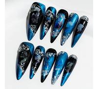 Sun&Beam Nails Handmade Long Almond Stiletto Black Blue False Nail Tips with Glitter Popular Charm Design Press On Nails 10 Pcs (#70 M)