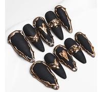 Sun&Beam Nails Handmade Long Almond Stiletto Black False Nail Tips with Cute 3D Gold Popular Charm Design Press On Nails 10 Pcs (#021 S)