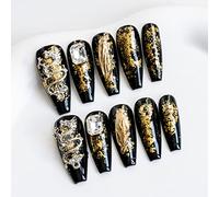 Sun&Beam Nails Handmade Long Coffin Ballerina Black Gold False Nail Tips with Cute 3D Dragon Popular Charm Design Press On Nails 10 Pcs (#52 M)
