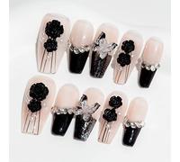 Sun&Beam Nails Handmade Long Coffin Ballerina Nude False Nail Tips with Cute 3D Black Flower Butterfly Diamond Popular Charm Design Press On Nails 10 Pcs (#69 M)