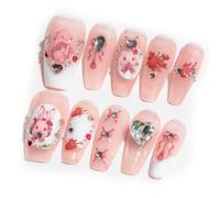 Sun&Beam Nails Handmade Long Coffin Ballerina Pink False Nail Tips with Cute 3D Diamond Popular Charm Design Press On Nails 10 Pcs (#72 S)