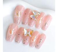 Sun&Beam Nails Handmade Long Coffin Ballerina Pink False Nail Tips with Cute 3D Spinning Butterfly Popular Charm Design Press On Nails 10 Pcs (#45 XS)