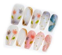 Sun&Beam Nails Handmade Long Coffin Ballerina White Pink False Nail Tips with Cute 3D Gold Pearl Popular Charm Design Press On Nails 10 Pcs (#56 M)