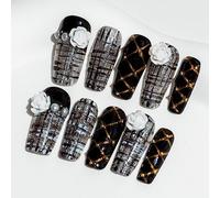 Sun&Beam Nails Handmade Long Medium Square Black False Nail Tips with Cute 3D White Flower Popular Charm Design Press On Nails 10 Pcs (#68 M)