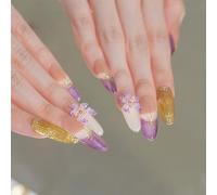 Sun&Beam Nails Handmade Press-on Long Almond Purple Yellow Rhinestone Hand-Painted Gradation Design Fashion False Nail Tips 10 Pcs Set (#222 S)