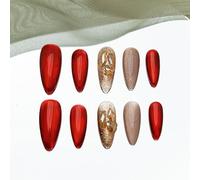 Sun&Beam Nails Handmade Press-on Long Amlond Red Brown Rhinestone Minimalist Magnet Design Fashion False Nail Tips 10 Pcs Set (#214 M)