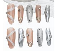Sun&Beam Nails Handmade Press-on Long Amlond Silver Nude Beige White Rhinestone Dot glossy Design Fashion False Nail Tips 10 Pcs Set (#183 L)