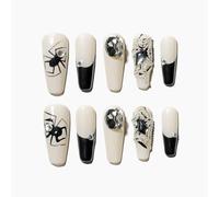 Sun&Beam Nails Handmade Press-on Long Coffin Ballerina Beige Black Halloween Spider Design False Nail Tips 10 Pcs (#133 M)
