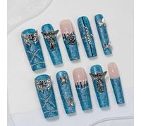Sun&Beam Nails Handmade Press-on Long Coffin Ballerina Blue Nude Beige Y2K Glam 3D Design Fashion False Nail Tips 10 Pcs Set (#269 L)