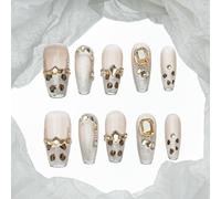 Sun&Beam Nails Handmade Press-on Long Coffin Ballerina Nude Beige Nude Beige Gold Leopard Print Rhinestone French Design Fashion False Nail Tips 10 Pcs Set (#202 M)