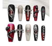 Sun&Beam Nails Handmade Press-on Long Coffin Ballerina Red Black Y2K Halloween Ombre Design Fashion False Nail Tips 10 Pcs Set (L)