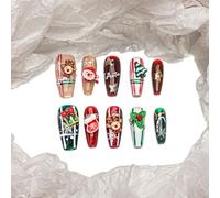 Sun&Beam Nails Handmade Press-on Long Coffin Ballerina Red Green White Brown Christmas 3D Sweet Design Fashion False Nail Tips 10 Pcs Set (#195 S)