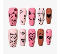 Sun&Beam Nails Handmade Press-on Long Coffin Nails Brown White Black Pink False Nail Tips Hand-drawn Cat Design Fashionable 10 Pcs Set (#158 S)