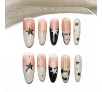 Sun&Beam Nails Handmade Press-on Long Oval Black White Pink Star French Hand-Painted Design Fashion False Nail Tips 10 Pcs Set (#212 L)
