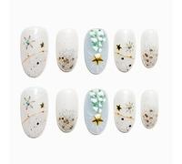 Sun&Beam Nails Handmade Press-on Long Oval Pink White Gold Flower Glitter Minimalist Design Fashion False Nail Tips 10 Pcs Set (#412 L)