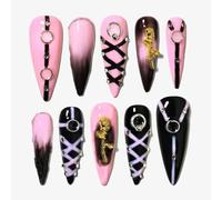 Sun&Beam Nails Handmade Press-on Long Pointed Nails Pink Black Gold Silver Diamond Rose False Nail Tips Design Fashionable 10 Pcs Set (#152 L)