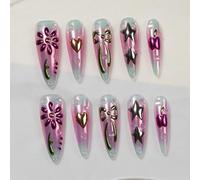 Sun&Beam Nails Handmade Press-on Long Stiletto Amlond Pink White 3D Flower Hand-Painted Design Fashion False Nail Tips 10 Pcs Set (#277 XS)