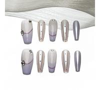 Sun&Beam Nails Handmade Press-on Medium Coffin Ballerina Silver Purple White Dot French Rhinestone Design Fashion False Nail Tips 10 Pcs Set (#182 M)