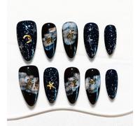 Sun&Beam Nails Handmade Press-on Medium Long Almond Black Pink Ombre Hand-Painted Elegant Design Fashion False Nail Tips 10 Pcs Set (#274 L)