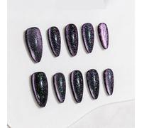 Sun&Beam Nails Handmade Press-on Medium Long Almond Black Purple Green Magnet Solid Color Minimalist Design Fashion False Nail Tips 10 Pcs Set (#254 S)