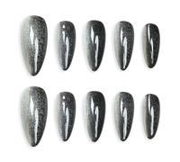 Sun&Beam Nails Handmade Press-on Medium Long Almond Black Silver Cat Eye Design Charming False Nail Tips 10 Pcs (#125 S)