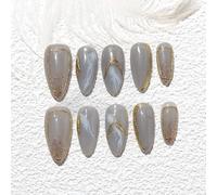Sun&Beam Nails Handmade Press-on Medium Long Almond Blue Gold Ombre Hand-Painted Gradation Design Fashion False Nail Tips 10 Pcs Set (#230 L)