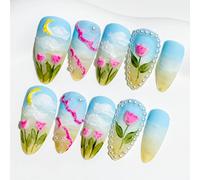 Sun&Beam Nails Handmade Press-on Medium Long Almond Colorful Blue Green Flower Pearl Hand-Painted Design Fashion False Nail Tips 10 Pcs Set (#066 L)