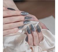 Sun&Beam Nails Handmade Press-on Medium Long Almond Grey Magnet Solid Color Minimalist Design Fashion False Nail Tips 10 Pcs Set (#240 S)